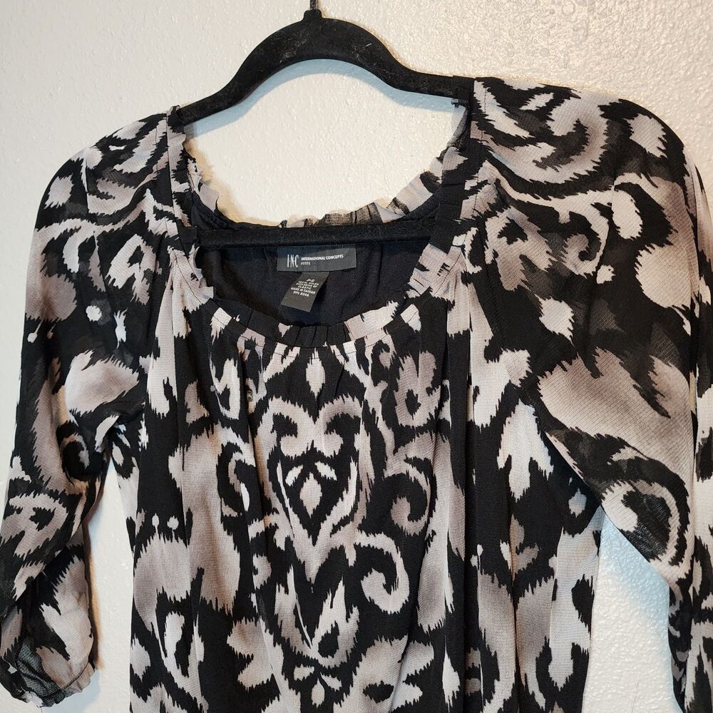 INC International Concepts Top PS Black White Ikat Mesh Smocked Waist 3/4 Sleeve